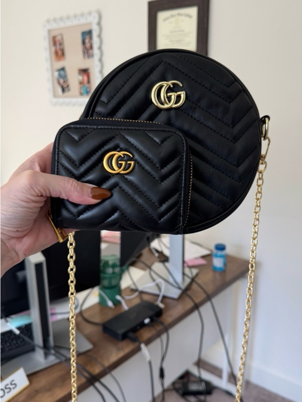 Traditional round black crossbody and zip around wallet
